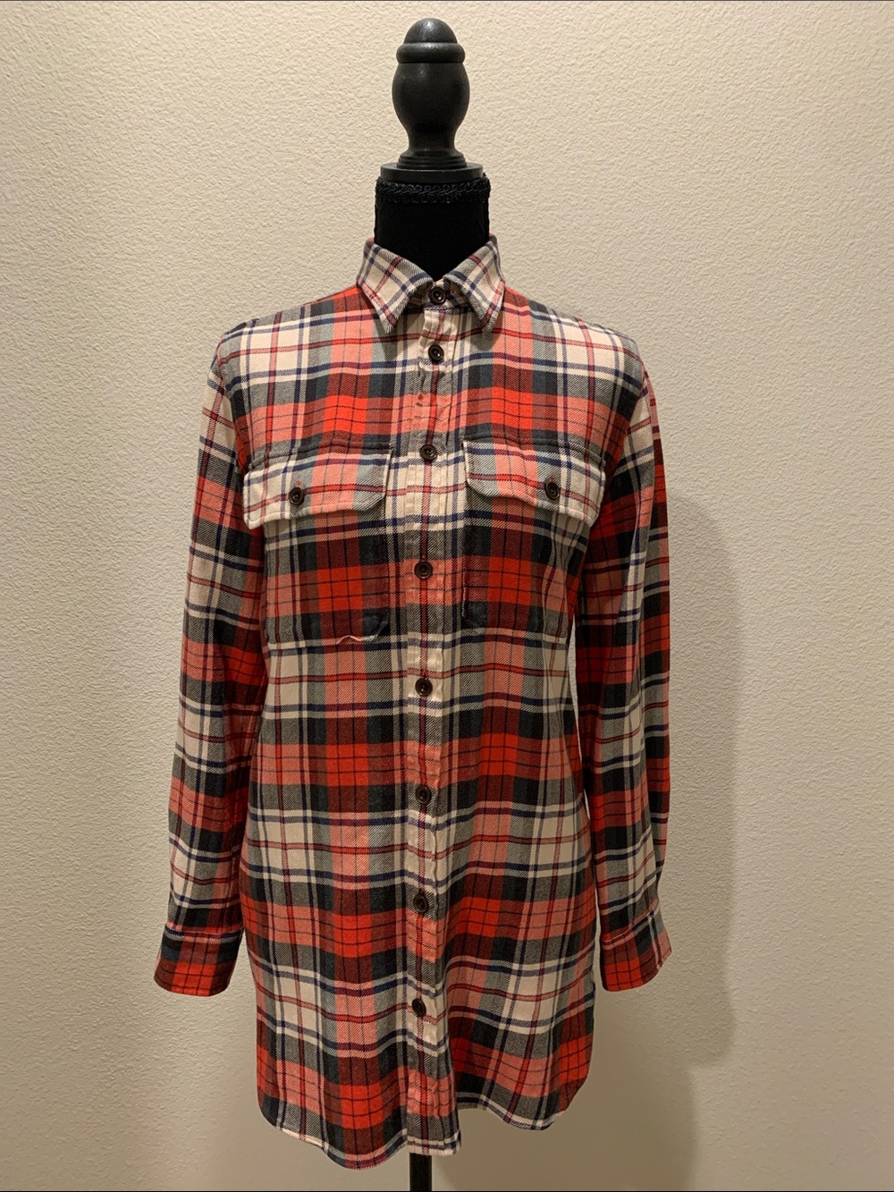 Ralph Lauren Red, Cream & Navy Plaid Button-Down Flannel Shirt (Size 6)